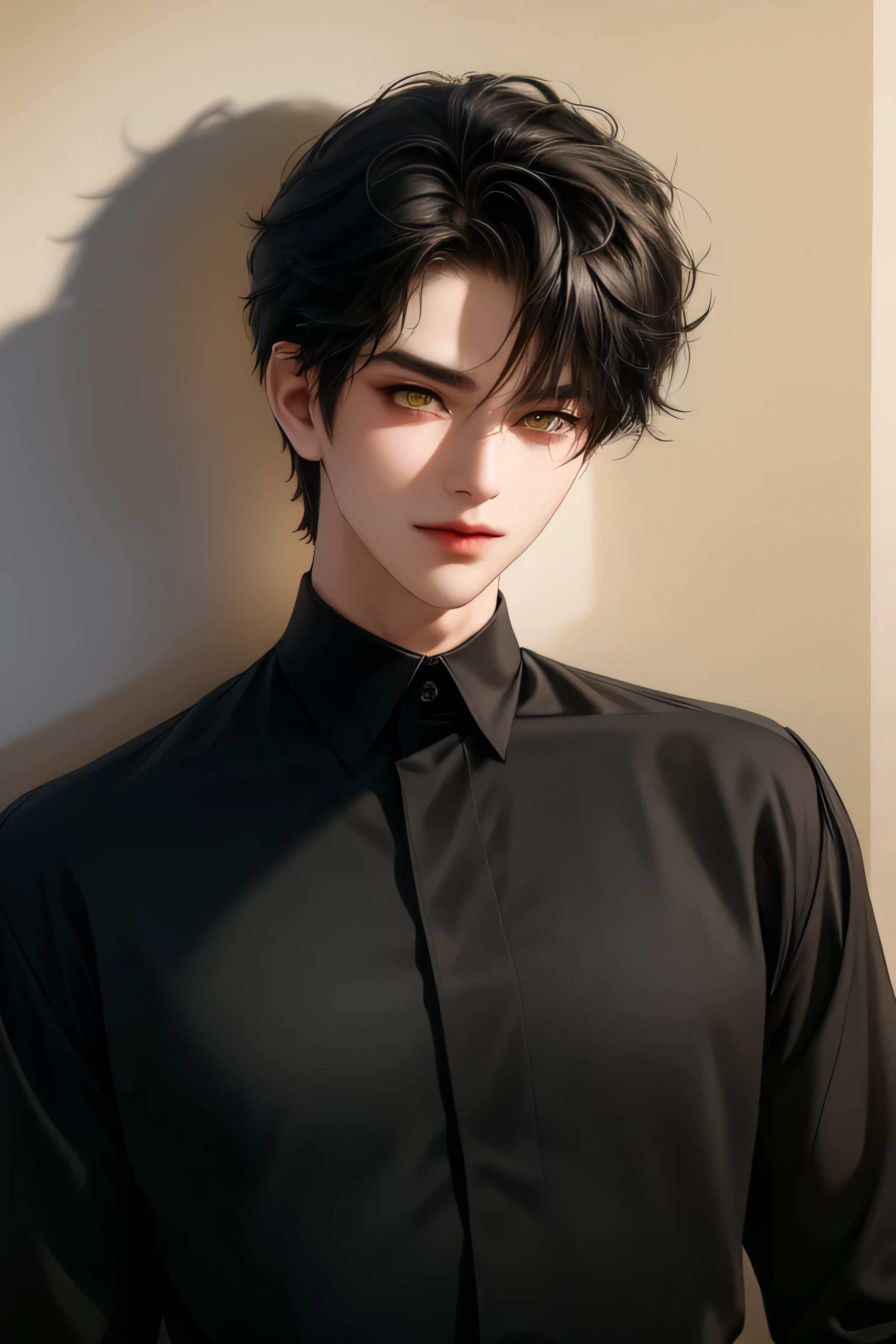 (masterpiece,best quality,ultra_detailed,highres,absurdres) (detailed shadow) (quality light),1 mature male, 21 years old, korean male focus, solo, short black hair, (yellow eyes), simple background, upper body, looking at viewer, parted lips, round eyewear, open black shirt, long sleeves, showing a bit of muscles, smirk smile face.