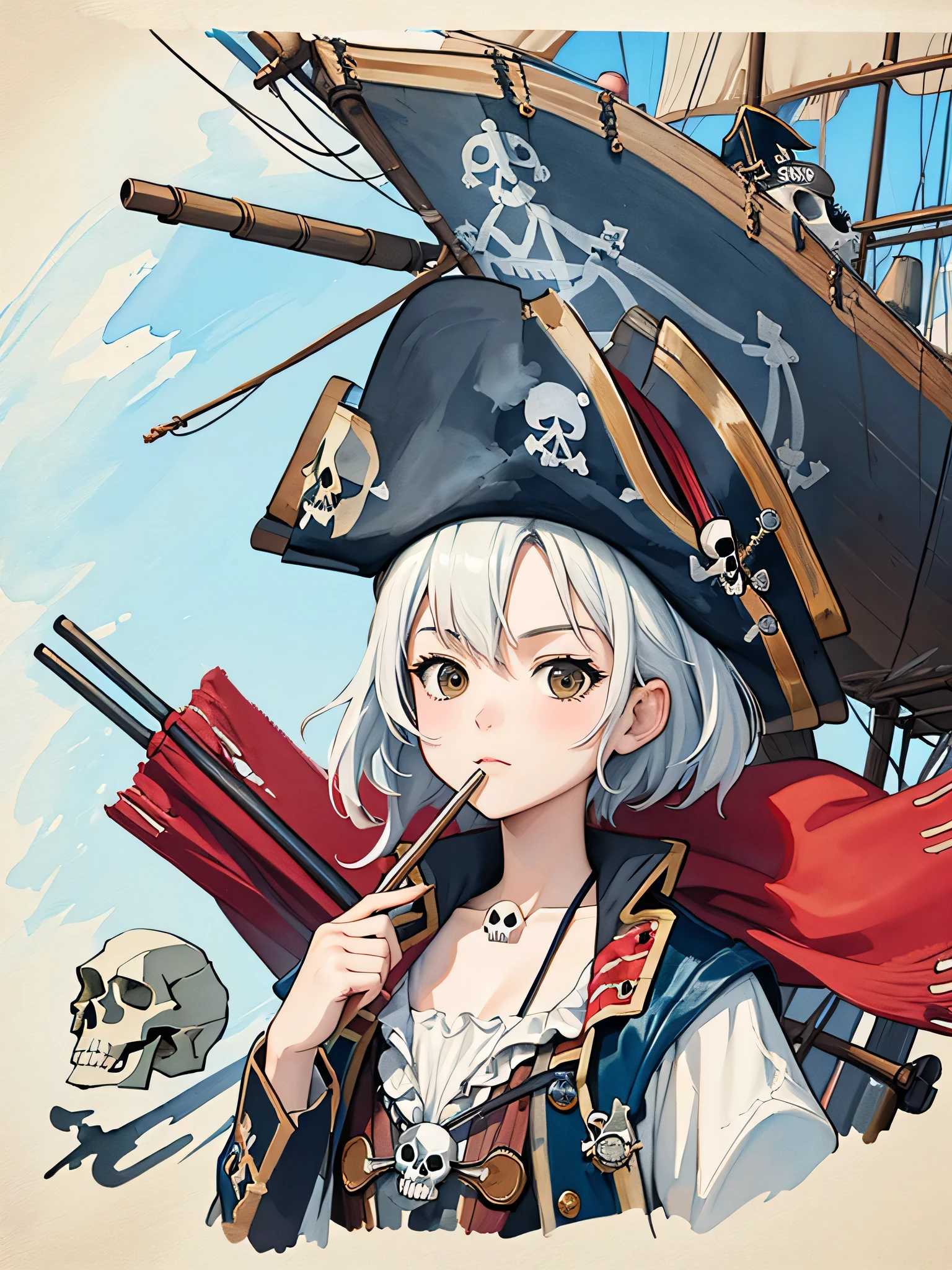 Black Star Red and White style、8K Quality、Intense watercolor, Detailed watercolor art, Watercolor splash, surreal, avant-garde pop art, Beautiful and expressive paintings, Beautiful artwork illustration, Very colorful tones, wonderful, Cool beauty, highest quality、Official Art, vector art, Stylish design, (((The most beautiful pirate girl))), (((highest quality))), HDR, ((detailed)), (((Doodle Art)), ((masterpiece)), ((Super detailed)), (((The background is a pirate ship))),(((skull fashion))), pirate hat, sunglasses