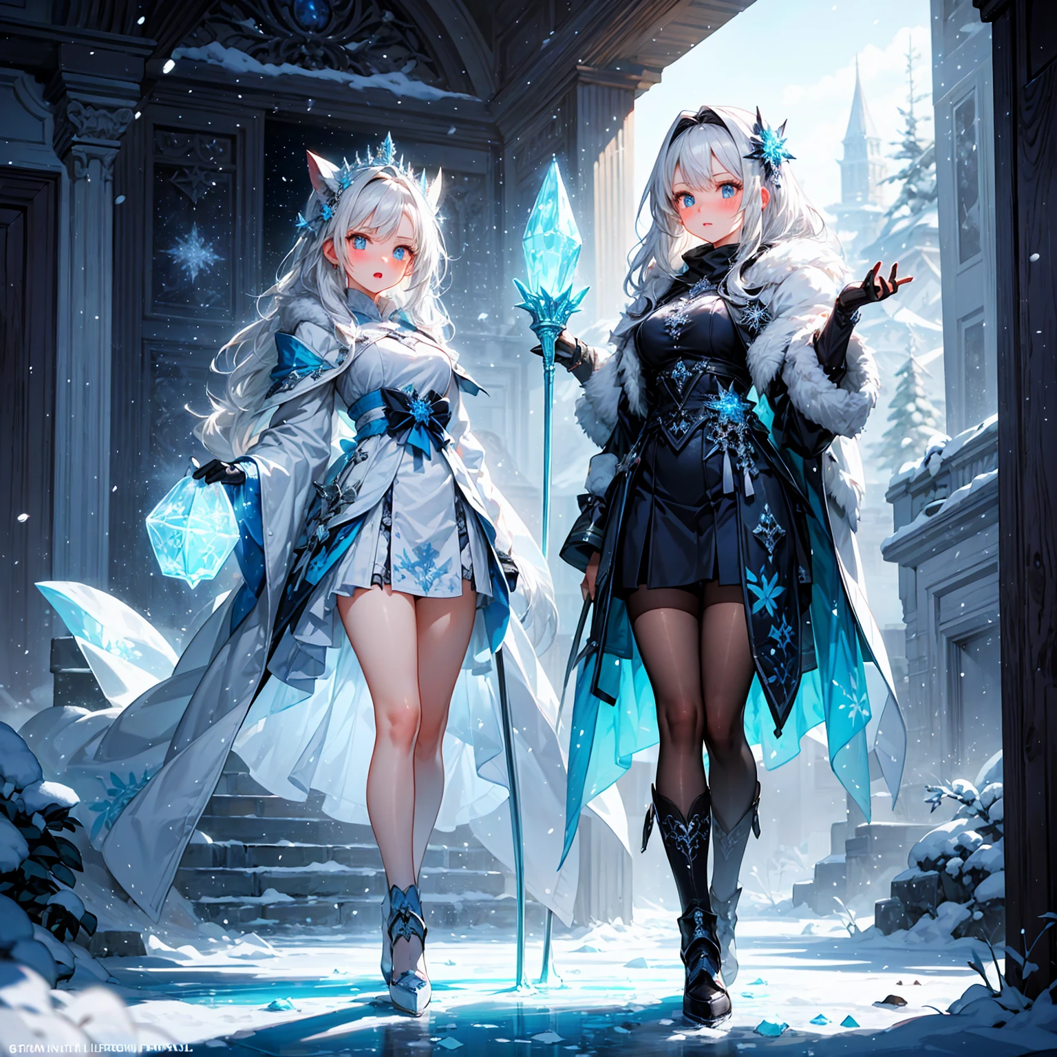 ((full body shot)) of a girl in elegant, fur-lined clothing with intricate ice-blue patterns, standing in a frozen, snowy landscape. She has long, flowing platinum blonde hair and piercing icy blue eyes. Her skin is pale with a slight blue tint, and she is adorned with delicate ice crystals and frost. She holds a majestic staff made of clear, crystalline ice, with swirling snowflakes and embedded gemstones. The atmosphere is {chilly|magical}, with a soft snowfall and a faint blue glow illuminating the scene. The ground beneath her is a blanket of pristine snow, reflecting the icy light and adding to the wintry ambiance. Surrounding her are glistening ice sculptures and frost-covered trees in shades of {white|blue}, casting a serene, frosty glow. The background features towering, glittering ice castles and distant snowy mountains, hinting at a majestic, icy kingdom. The scene is tranquil and enchanting, with her face showing a serene yet powerful expression, her eyes focused intently on her icy domain.

[Best quality], [Masterpiece], [Ultra-detailed], [4k], {chilly|magical} atmosphere, icy kingdom, {dynamic pose|regal pose}, soft snowfall illumination, {soft shadows|frosty lighting}, {reflected light on snow:0.7}, {glittering ice sculptures:0.6}, {frost-covered trees:0.5}, {towering ice castles:0.4}, {snowy mountains:0.3}.