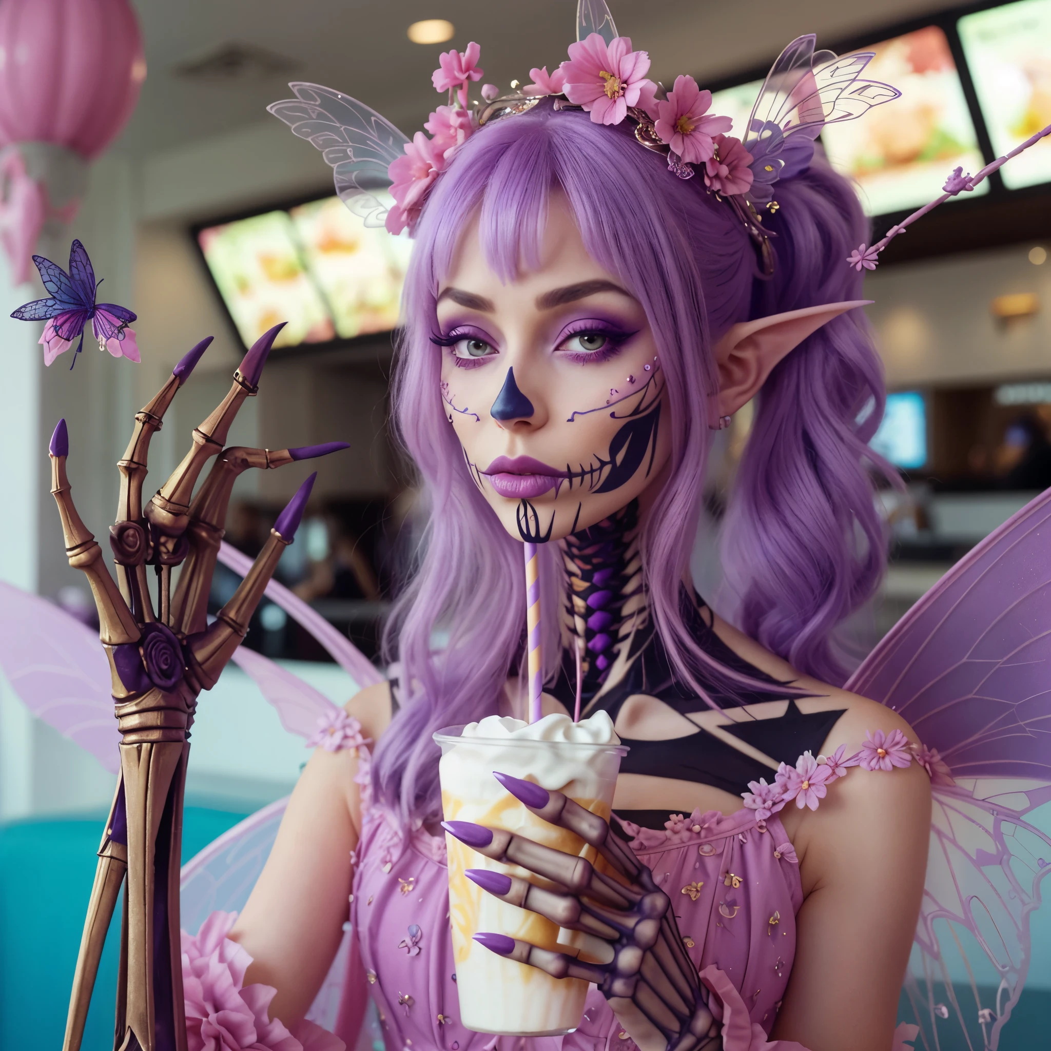 real, real photo, intricate details. A woman with a skeletal body. catrina makeup. lilac hair, violet eyes. pink opa. Crown of flowers. fairy wings. pointy ears. He is having a milkshake at a fast food restaurant..