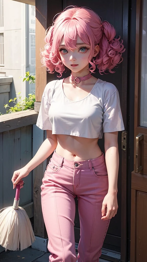 Little girl with pink fluffy curly hair，Eye color is blue，Wearing a pink hottie crop top，Rose red mopping pants，Cheerful and lively