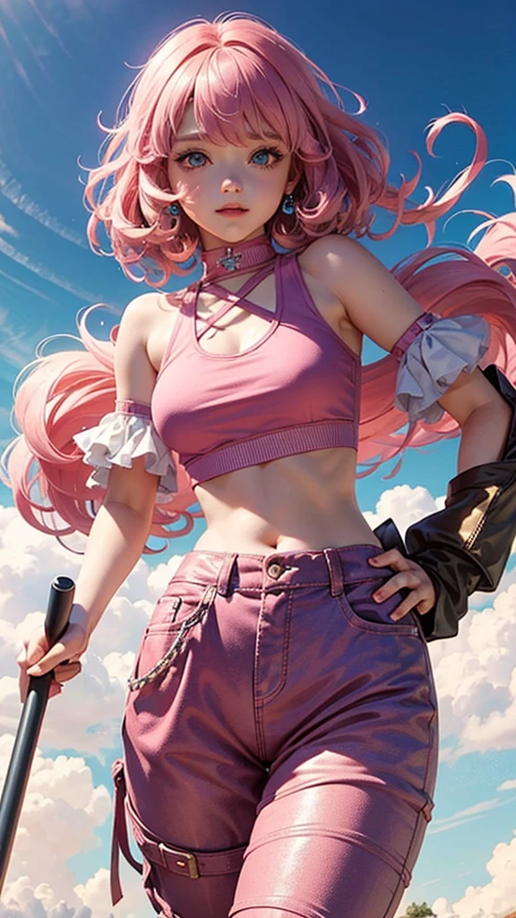 Little girl with pink fluffy curly hair，Eye color is blue，Wearing a pink hottie crop top，Rose red mopping pants，Cheerful and lively