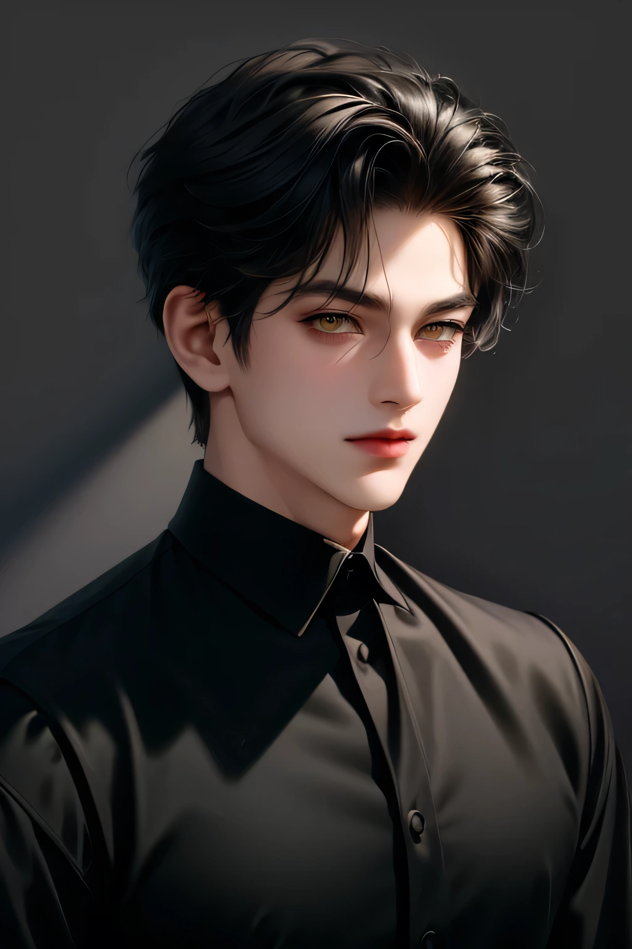 (masterpiece,best quality,ultra_detailed,highres,absurdres) (detailed shadow) (quality light),1 mature male, 21 years old, korean male focus, solo, short black hair, (yellow eyes), simple background, upper body, looking at viewer, parted lips, round eyewear, open black shirt, long sleeves, showing a bit of muscles, smirk smile face.