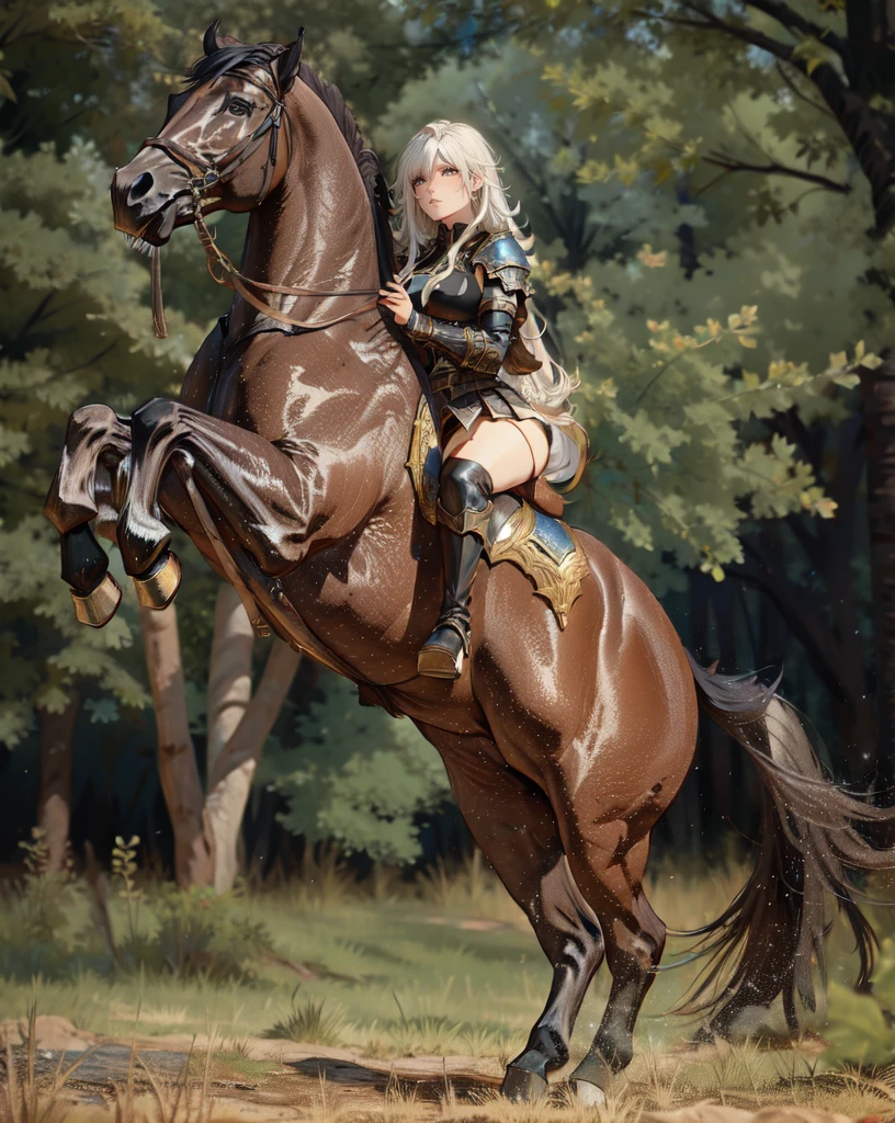 ((best quality)), ((anime masterpiece)), (high detailed), 8k, cinematic lighting, realistic, HDR, vivid color, a female knight riding a BROWN HORSE, long hair, {brunete}, medium breast,(white armor, black gauntlet, black miniskirt, black boots), forest, anatomically correct
