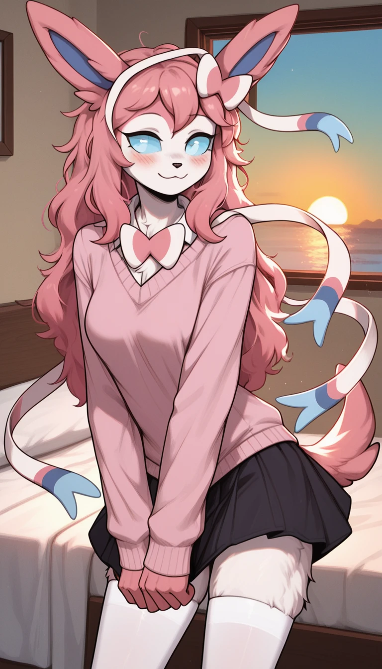 Excited expression, 1girl, anthro, furry, fur, fluffy fur, sylveon girl, pink hair (cyan highlights), cyan sclera, white eyes, long pink hair, Messy hair, (19 years), medium breast, thighs, solo, (bedroom), sunset, detailed, pink sweater, black skirt, white stockings, wide smile (closed mouth), looking at the viewer, blush, score_9, score_8_up, score_7_up, score_6_up, score_5_up, score_4_up