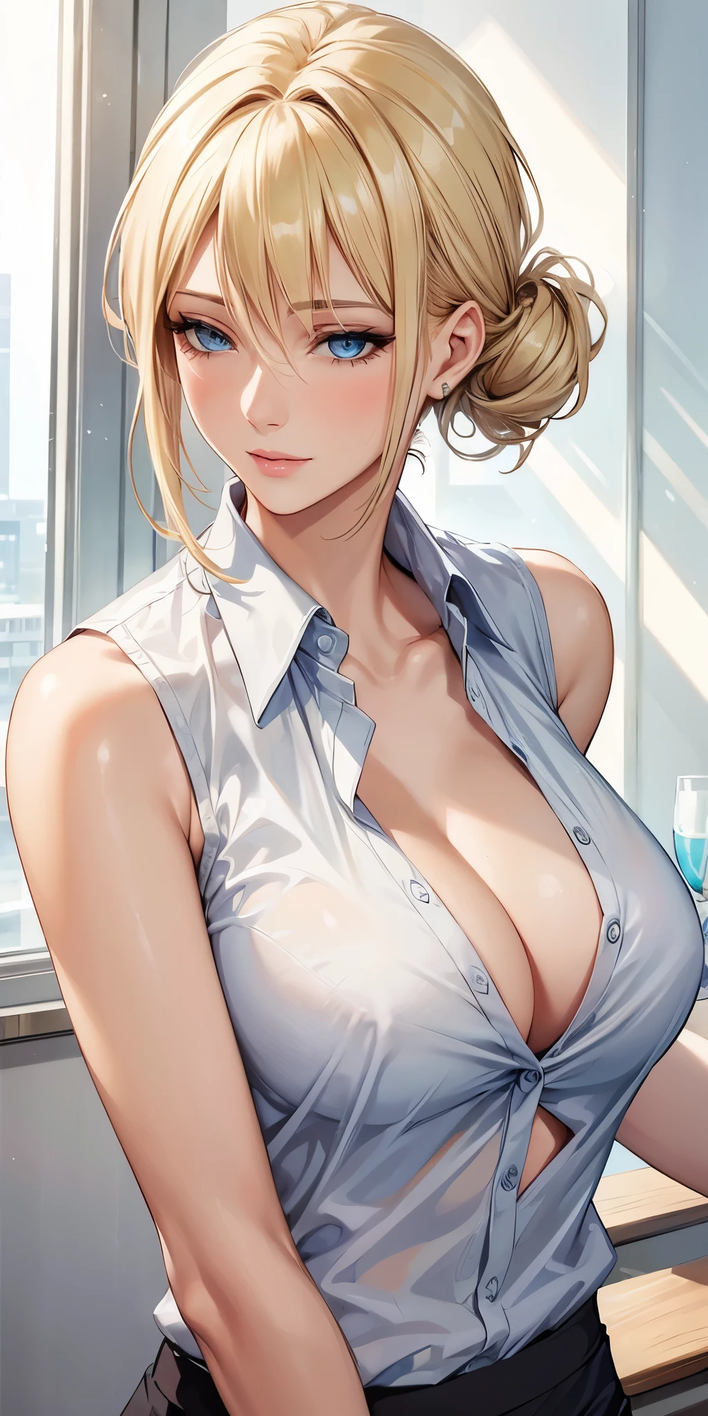 Elegant mature woman, milf, blue eyes, blonde hair, soft light, high detailed, 4k resolution, high quality, beautiful cg