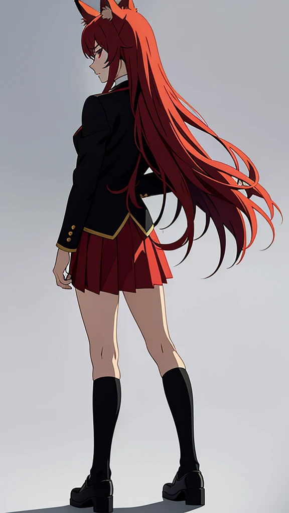 1girl ,20s,mature female,serious face,solo,red hair,red eyes,long hair,fox ears,hair between eyes,(simple background),necktie,black jacket, blazer,long sleeves,pleated skirt,full body,from back,(looking back),walking,looking at view