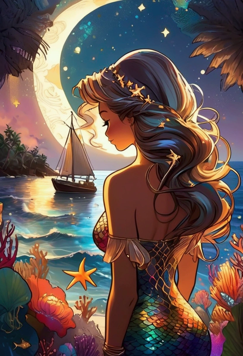 Draw an illustration. I want an island surrounded by ocean, There is a night moon in the sky. somehow incorporating an exploding star in space, a silhouetted fisherman on the island and a colorful mermaid. preferably a rear view so there's no face, just long hair to the mid-back.