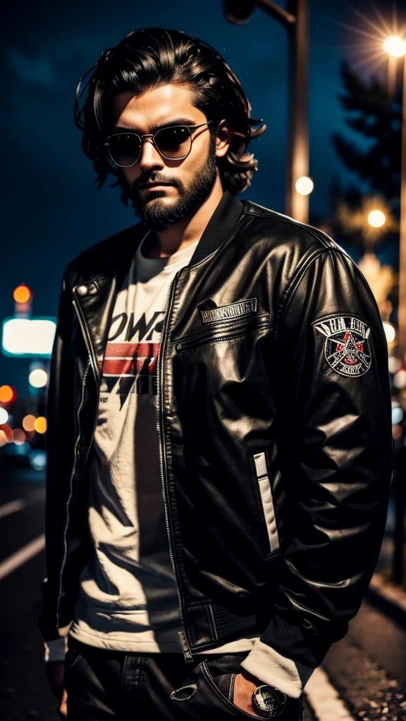 young adult man, middle-lenght dark (messy) hair, has beard, wearing a jacket of a motorcycle gang, it is night time, ultra realistic, best quality