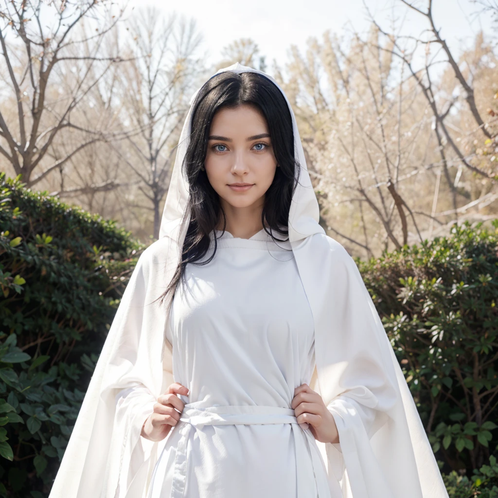 Woman with hands together in prayer, clear blue eyes, black hair, serene face with a slight smile, wears a white cloak, wears a gray tunic with wide, long sleeves adjusted at the waist by a white sash.