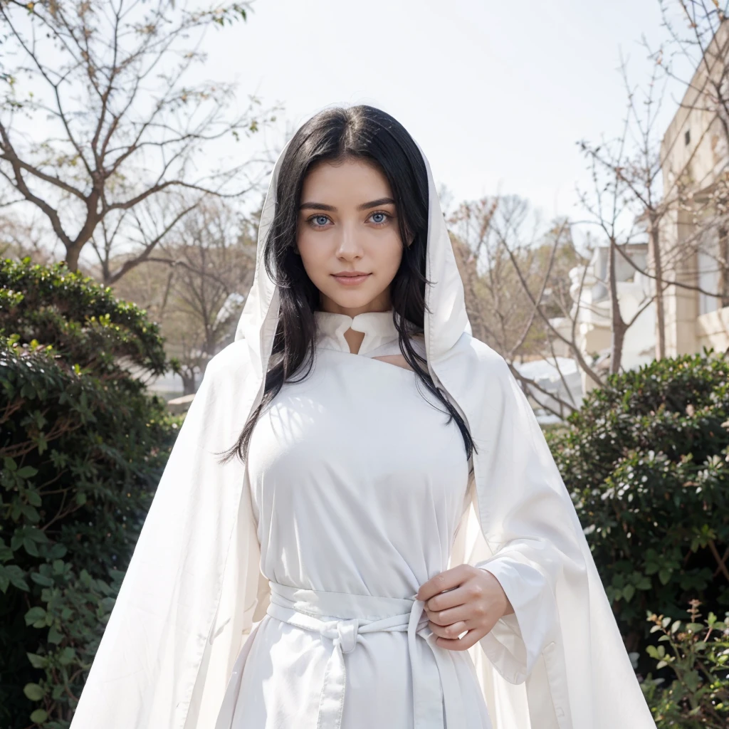 Woman with hands together in prayer, clear blue eyes, black hair, serene face with a slight smile, wears a white cloak, wears a gray tunic with wide, long sleeves adjusted at the waist by a white sash.