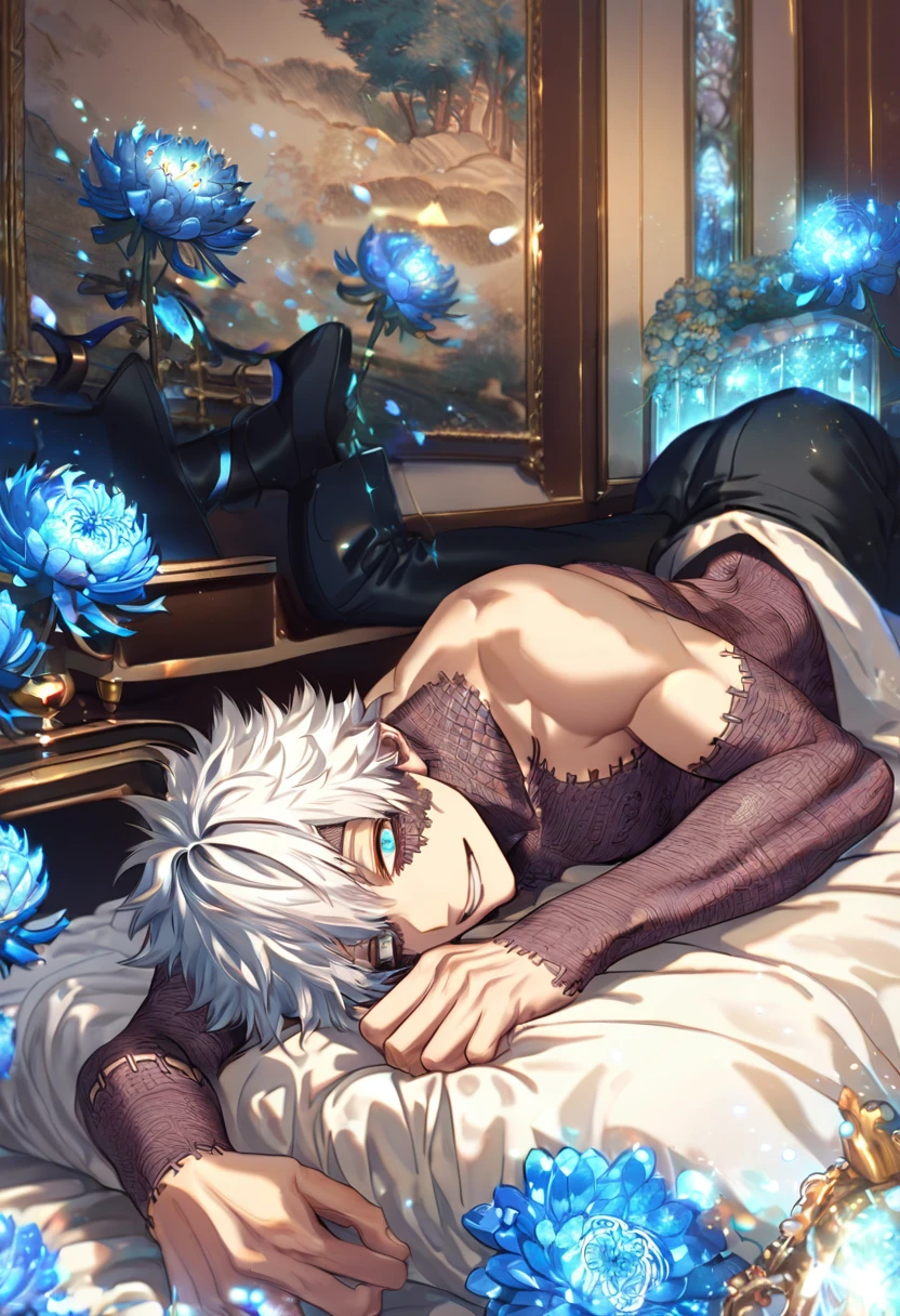 absurdres, highres, ultra detailed, HDR, master piece, best quality, extremely detailed, Dabi, white hair, expressive turquoise eyes, Boku No Hero Academia, solo, sexy man lying on a bed, handsome, smile, bare chest, toned chest, black pants, fantasy, bed, sparkling, blue glittering fireflies, blue blossoms, blue chrysanthemums, blue sparkling lights, room