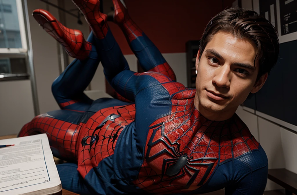 Spiderman doing his homework