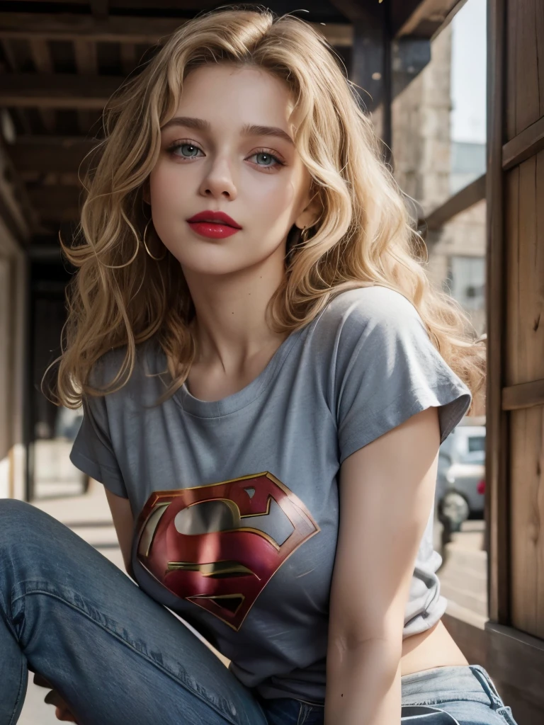 caucasian woman, blonde hair, ((curly hair)), wide, ((olive green eyes)), shiny eyes, ((highlights eyes)), ((lined eyes)), ((Red lipstick)), ((makeup)), smile, ((athletic body)), small breasts, nipples, legs, ((supergirl t-shirt)), ((gray t-shirt)), ((blue jeans)), collar, wifes, earrings, Smart watch, in town, highlight muscles with shadows, front shot.