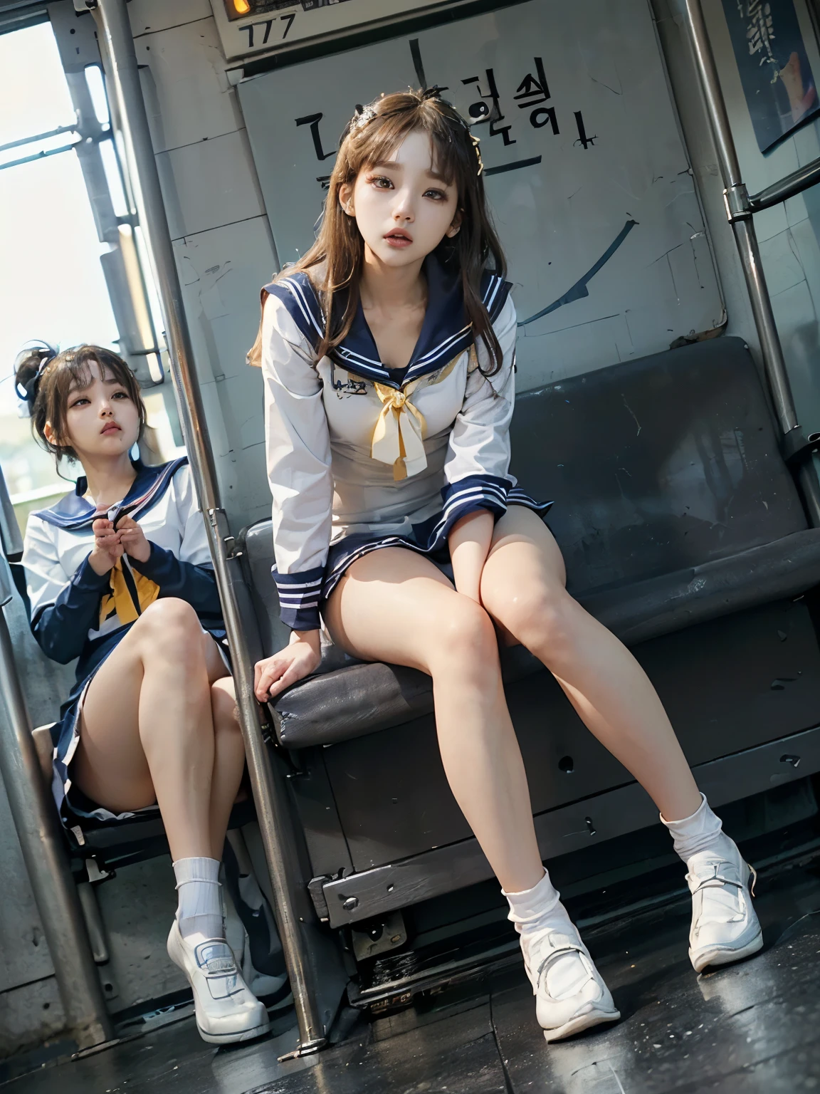 ((((Highest quality))))、(((Ultra-precision CG16K wallpaper)))、(((masterpiece)))、(((Very detailed)))、(((Attention to detail)))、(((((k-popのIVEのWONYOUNGにそっくりの女の子:1.9)))))、((Straight medium hair、Blunt bangs:1.5))、((-yeld hischool girl))、cute、((Slim figure:1.5))、((Thin legs:1.5))、((Thin hands:1.5))、((tall:1.5))、((Thin thighs:1.5))、((Long legs:1.5))、((Long hands:1.3))、((Height 173cm:1.7))、((The ratio of inseam to height is more than half:1.7))、((Model Body Type:1.5))、(Shiny brown hair)、(Red tie)、beautiful delicate brown eyes、eyeliner、eye shadow、High nose、Small nostrils、Small Mouth、Seductive lips、beautiful breasts、((C cup size breasts))、Cleavage、Voluptuous body、eight-headed body、Perfect proportions、Perfect Anatomy、Perfect composition、beautiful detailed shading、beautiful, Natural light、beautiful detail glow、Written boundary depth、(((High chroma)))、(((Genuine:1.9)))、((Vivid:1.5))、((beautiful Skin))、((Skin Texture))、((Genuineな皮膚感))、(((Full Body Shot:1.6)))、((Front view、Front Low Angle:1.6))、(((Confused face:1.4)))、(Woman is facing the front:1.6)、Bright sunlight、Natural light、(((Sitting with legs spread on a train seat:1.8)))、(Spread leg sitting position:1.6)、(((High school girl in sailor suit:1.7)))、((Earrings、Wearing a hair band:1.3))、(((Short white socks that reach to the ankles、loafers:1.6)))、(((Full Body Shot:1.7)))、cute、((Slim figure))、((Thin legs:1.3))、((Thin hands:1.3))、((tall:1.6))、((Thin thighs:1.3))、((Long legs:1.7))、((Long hands:1.3))、((Height 173cm:1.7))、(((Anatomically correct:1.8)))、((k-popのIVEのWONYOUNGにそっくりの女の子:1.7))、((The ratio of inseam to height is more than half:1.7))