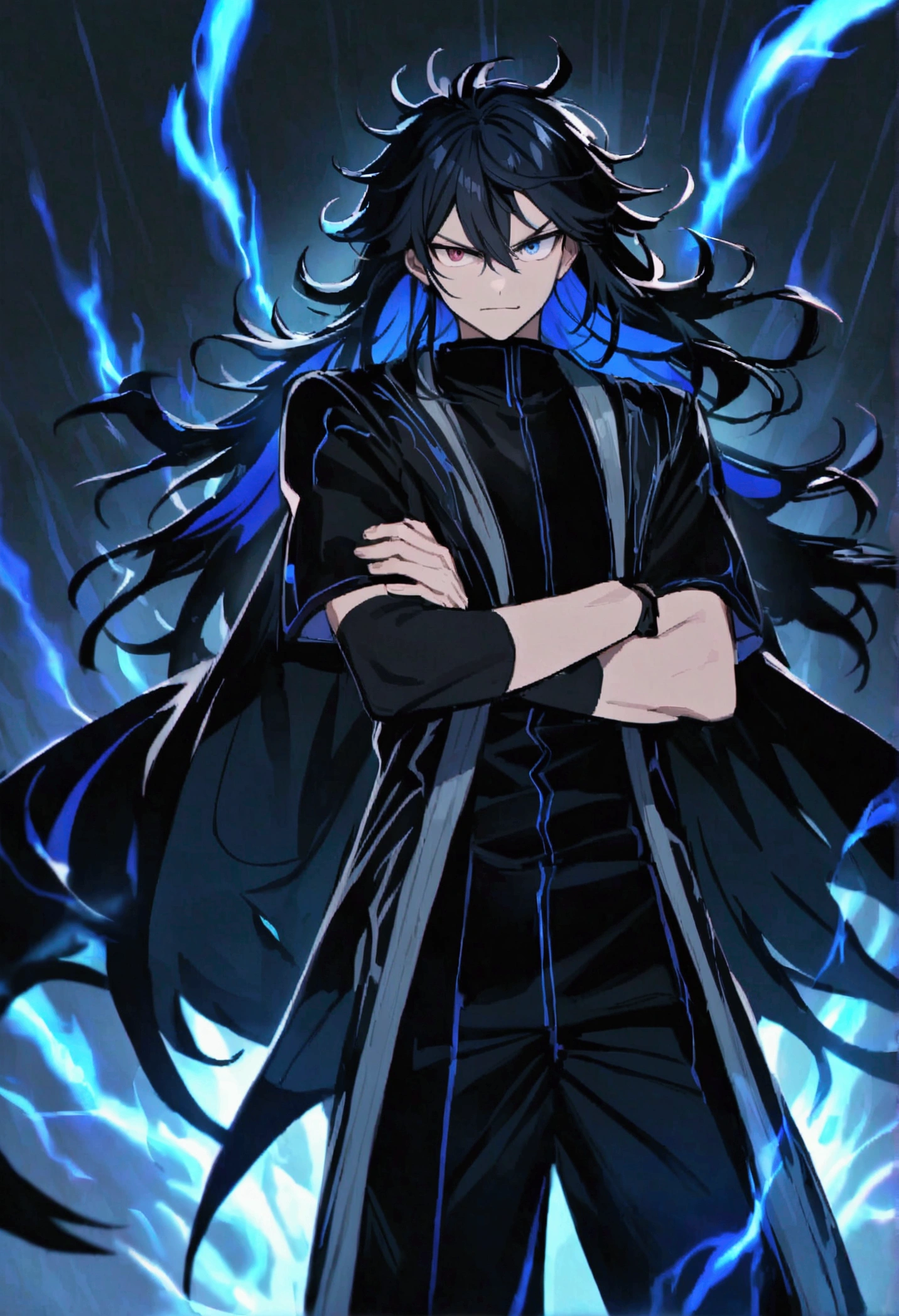 Teenage boy, Messy hair, long hair, multicolored blue and black hair, crossed arms, blue and black eyes, heterochromia, ssmile, serious face, black jersey, dark blue detailed and wide short-sleeved overcoat, detailed black pants, black sneakers, electric aura around the character