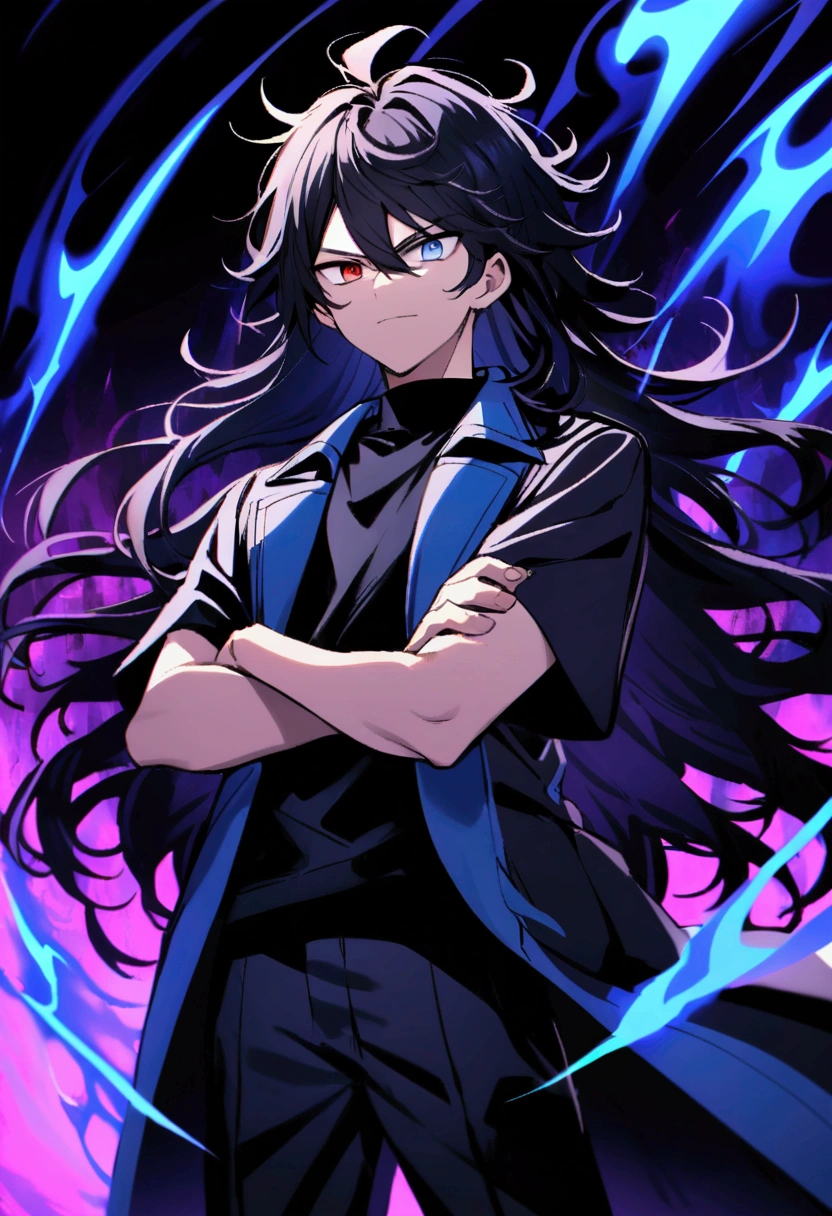 age boy, Messy hair, long hair, multicolored blue and black hair, crossed arms, blue and black eyes, heterochromia, ssmile, serious face, black jersey, dark blue detailed and wide short-sleeved overcoat, detailed black pants, black sneakers, electric aura around the character