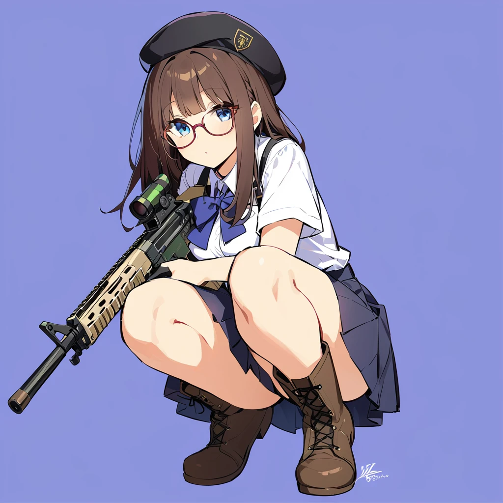 Plain background, girl wearing high , summer uniform, short sleeves, military boots, glasses, holding M4A1, mini skirt, beret, squatting