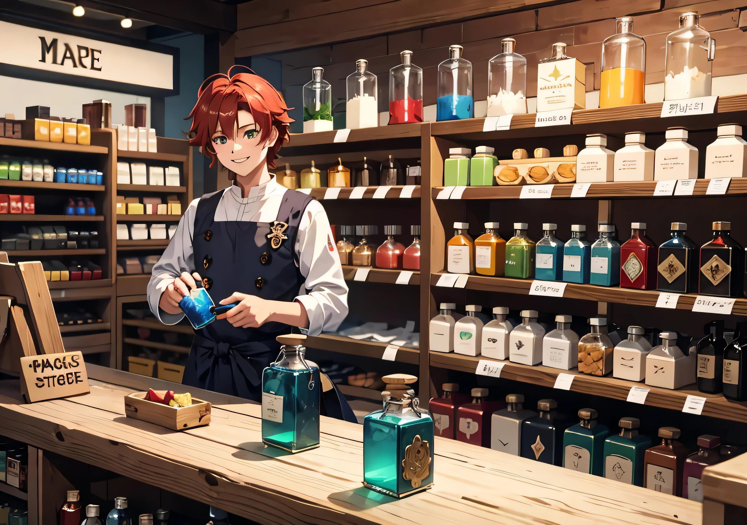 Create a simple medieval European Grocery store with just a single anime-shaped booth and counter. This store is based on the same model as RPG games. On the store stand there are blue potions, Green potions, red potions and yellow potions. There is a magical male character with short scarlet hair selling these items. The character is facing very close to the counter holding a magic potion. There is only one stand behind the character inside the store. He wears medieval and magical clothes. The character is smiling while selling the magic potions inside the store. Make magic potions clearly visible. There is a blue and red potion on the store counter that is near the character. The store is lit by candles, I.E, it is old and from the 10th century.