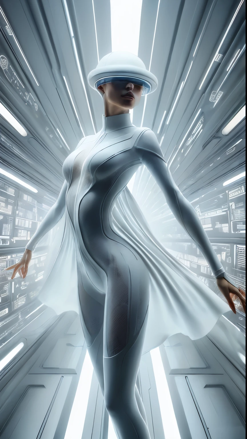 Ultra tall ultra beautiful tech fashion woman, high cheekbones, white fabric, white plastic suit cover, futuristic tech design skin, tech imbedded in suit fabric, standing in transporter holodeck, full body shot, closeup, model dance, dynamic pose, sci fi