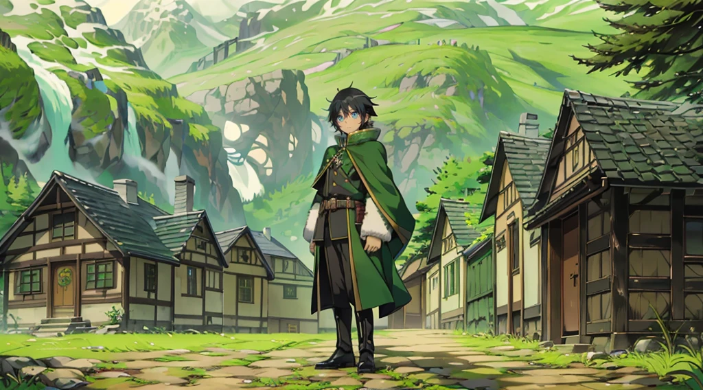 yuichiro hyakuya, (WithoutFear:1), 1 boy, black hair, green eyes, brown coat, gray armor, green shield, green cloak, dark brown gloves, town, white fur trim, tall, anime, standing, good quality, portrait, looking at viewer