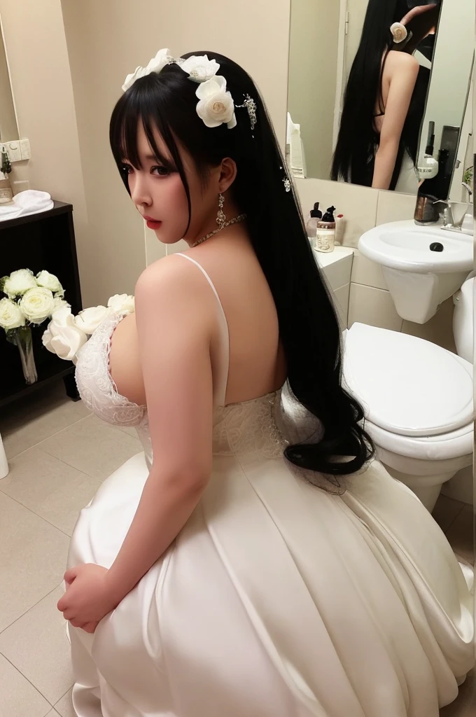 bride、A gorgeous, voluminous wedding dress、Super fat、Big Breasts、Big Ass、Super long straight black hair、Small private room、Sitting on the toilet