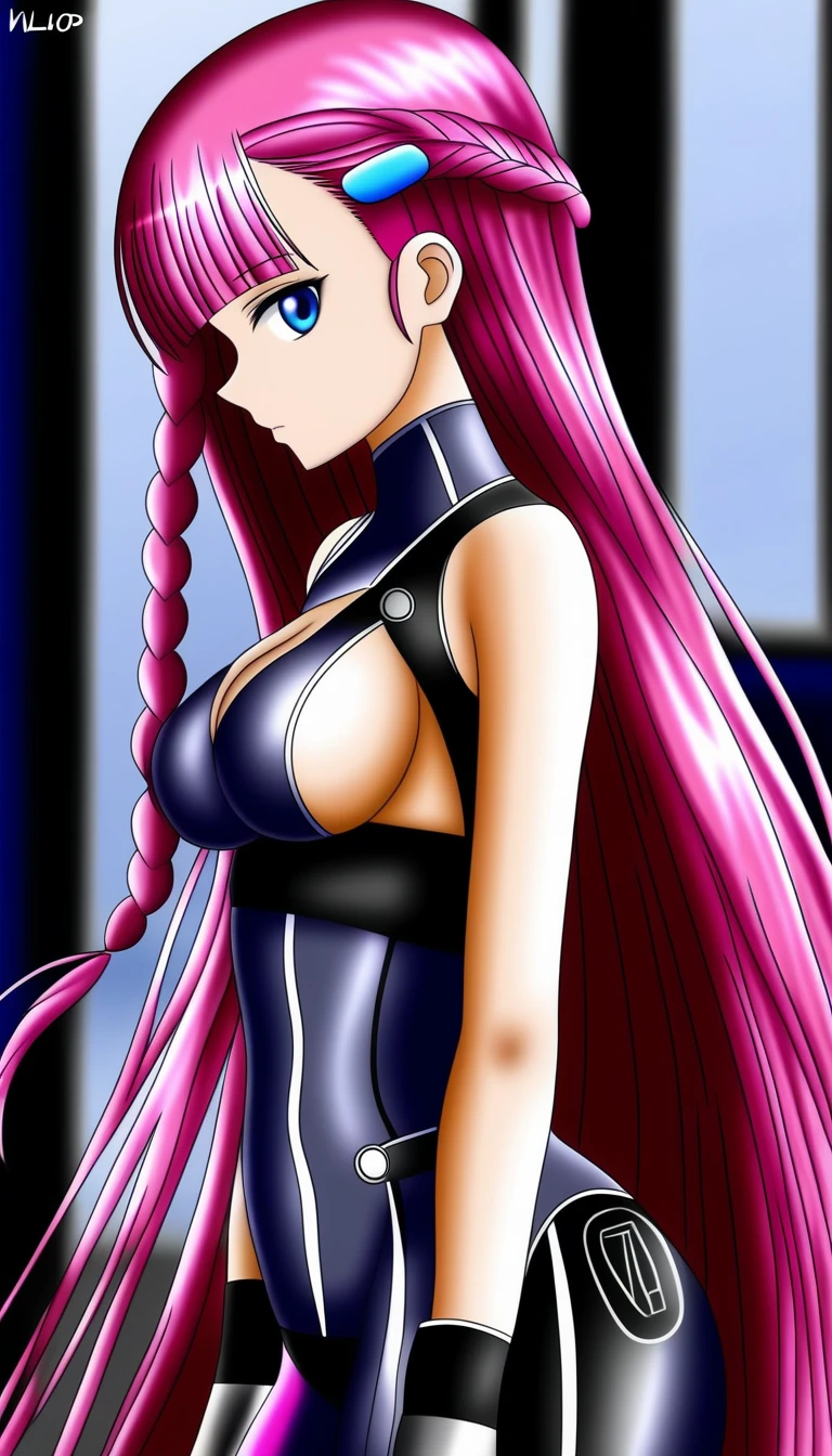 1girl, solo, long hair, breasts, looking at viewer, bangs, blue eyes, hair ornament, cleavage, bare shoulders, medium breasts, very long hair, pink hair, braid, hairclip, blunt bangs, single braid, side braid, decorative detailed tattoo, exoskeleton, technology, treads on body, dark gray shirt, boob, medium shot, ((sharp focus)), asymmetrical, profile picture, (face by wlop)) ), artstation, rutkowski
