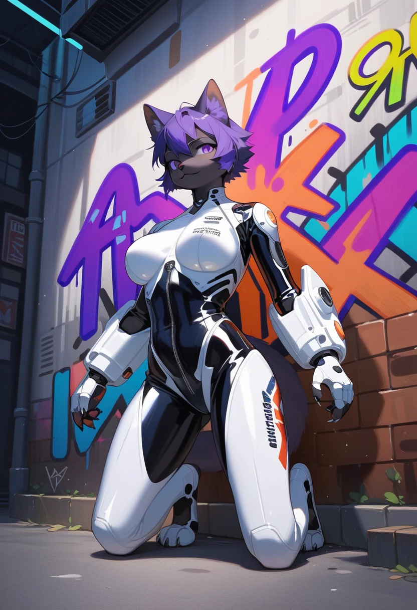 animation, Highest quality, Highest quality, High quality illustrations, masterpiece, Ultra-high resolution, Detailed Background, Alley, Graffiti art on the wall, Absurd, Perfect Anatomy, performance, Good lighting, Shadows in the movies(kemono, Furry PersonifiCation), Cat, Black Skin, Purple Hair, White Rubber Suit, Red Pattern, latex, neon, neonライト, neonカラー, Bodysuits, Cyber Suit, Mech Suit, cyber punk