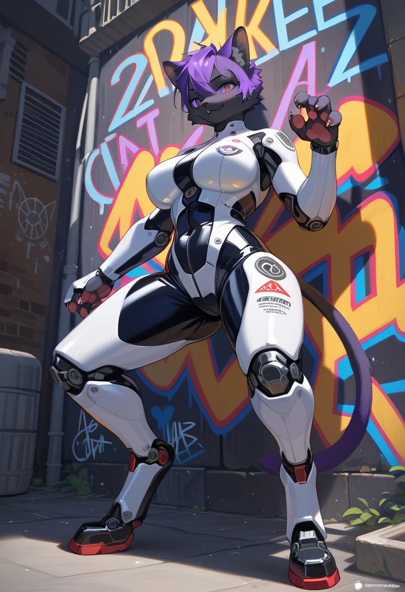 animation, Highest quality, Highest quality, High quality illustrations, masterpiece, Ultra-high resolution, Detailed Background, Alley, Graffiti art on the wall, Absurd, Perfect Anatomy, performance, Good lighting, Shadows in the movies(kemono, Furry PersonifiCation), Cat, Black Skin, Purple Hair, White Rubber Suit, Red Pattern, latex, neon, neonライト, neonカラー, Bodysuits, Cyber Suit, Mech Suit, cyber punk