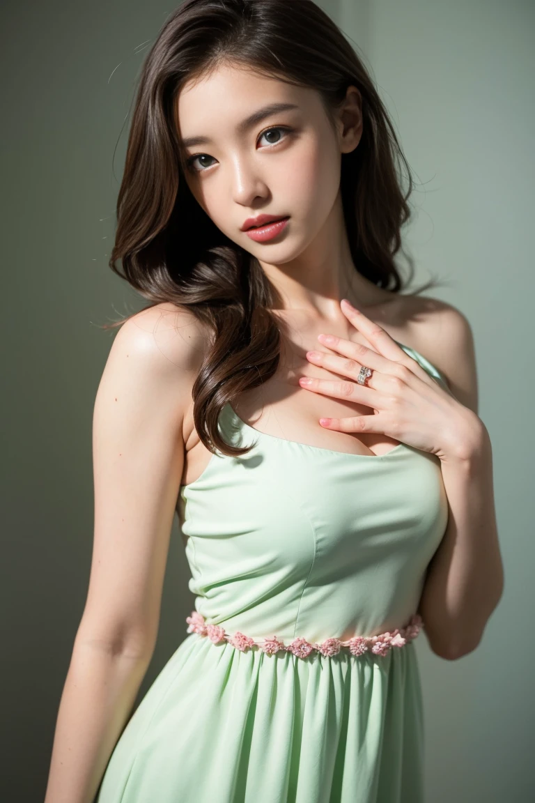 (nude)Wavy long hair, Brown Hair, One girl, Emerald Eyes, Shake with two fingers, Pink Lips, Pastel Green Dress,
