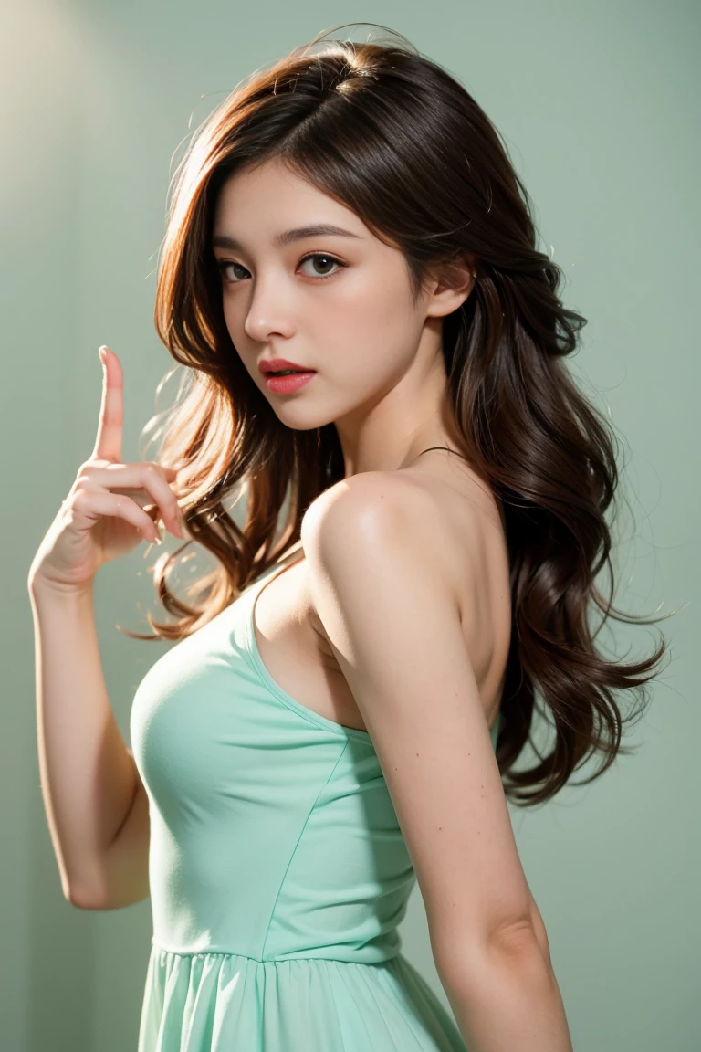 (nude)Wavy long hair, Brown Hair, One girl, Emerald Eyes, Shake with two fingers, Pink Lips, Pastel Green Dress,
