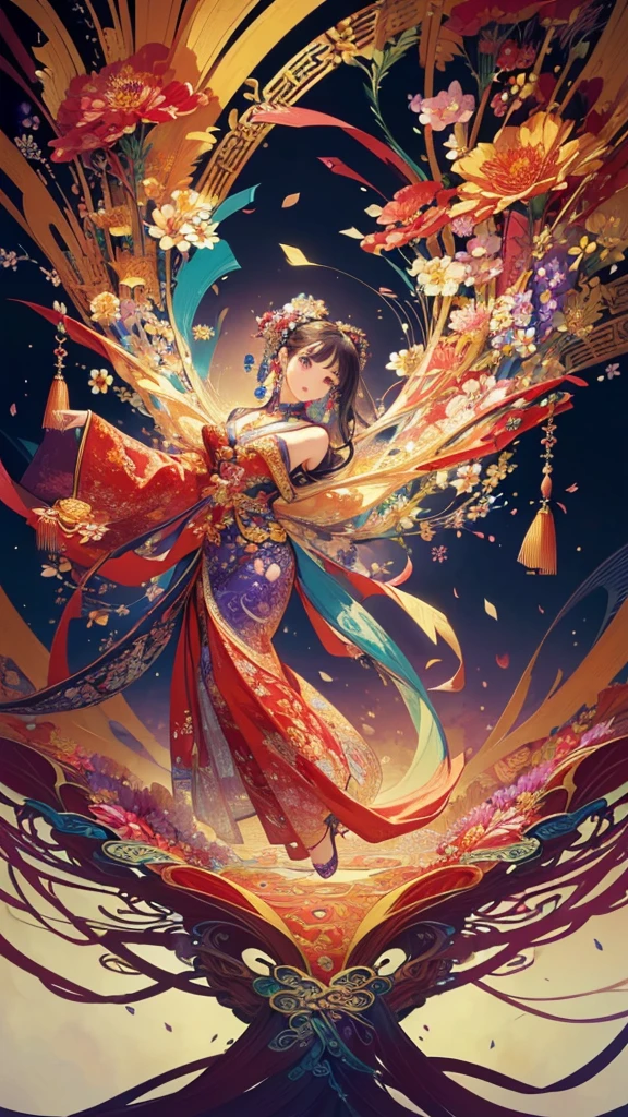 (masterpiece, Highest quality, Highest quality, Official Art, beautifully、beautiful:1.2), (One Girl:1.3), Very detailed,(Fractal Art:1.1),(colorful:1.1)(Flowers:1.3),Most detailed,(Tangled:1.2), (Dynamic pose), (Abstract background:1.3), (Chinese traditional cloth:1.2), (Shiny skin), (Many colors:1.4), ,(Earrings:1.4),