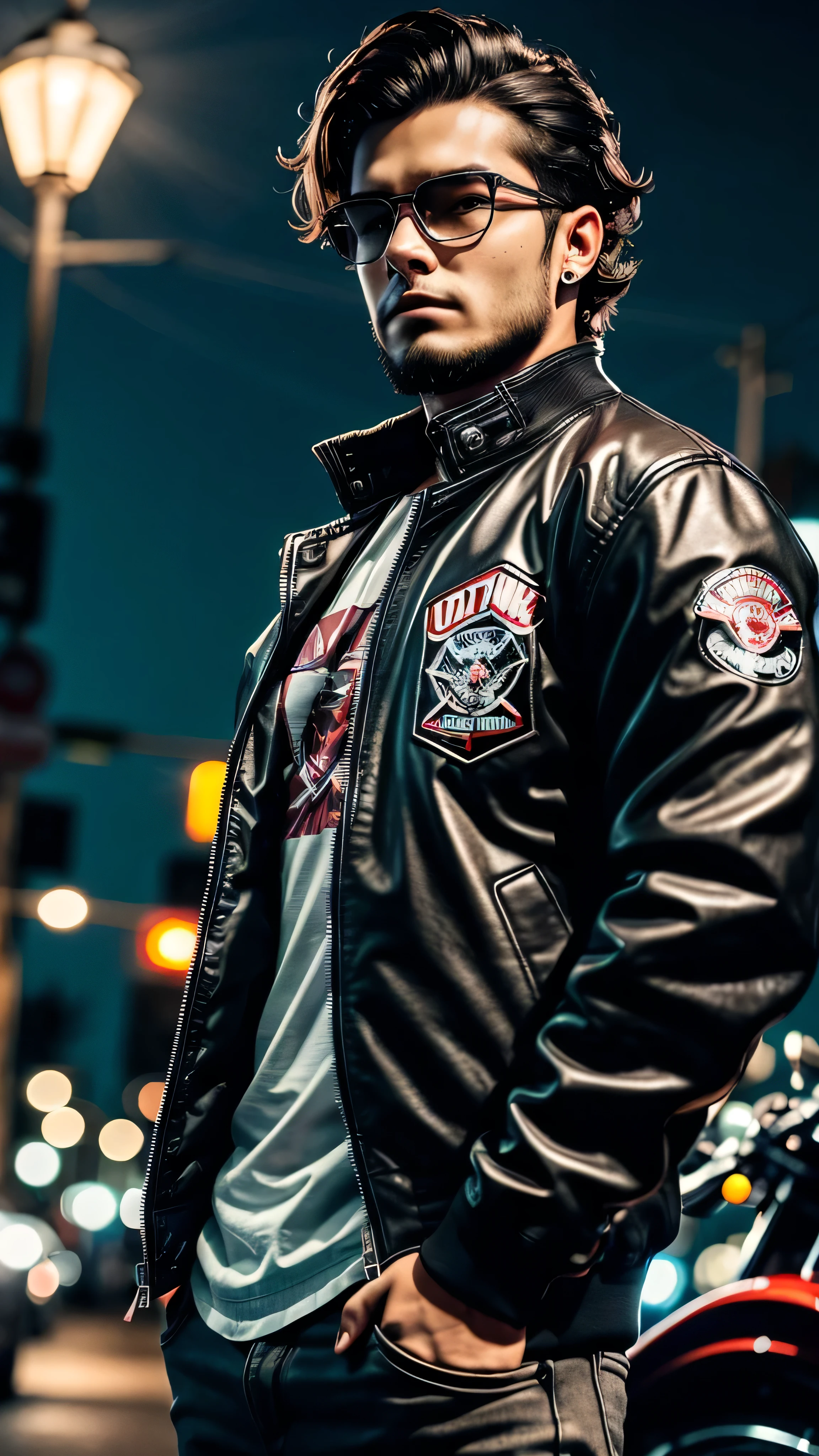 young adult man, middle-lenght dark (messy) hair, has beard, wearing a jacket of a motorcycle gang, it is night time, ultra realistic, best quality