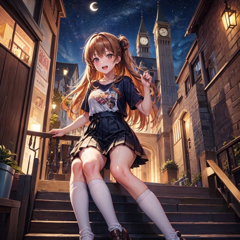 Brown and gold hair、Red gold eyes、Hair tied up、One good looking girl、solo、anime、Checkered mini skirt、Ruffles on the skirt、T-Shirts、Black knee-high socks、Teeth are visible、Starry Sky、Midnight Moon、Confetti、Brick construction、clock tower、Spiral staircase