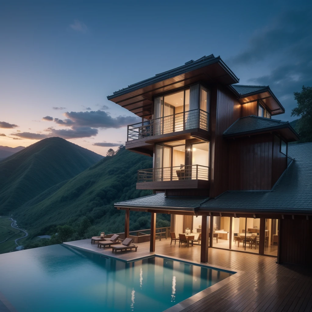 Zaha Hadid style hotel tower with wood and metal texture, hotel with infinity pool, rural landscape at dusk in high quality, 8k UHD
