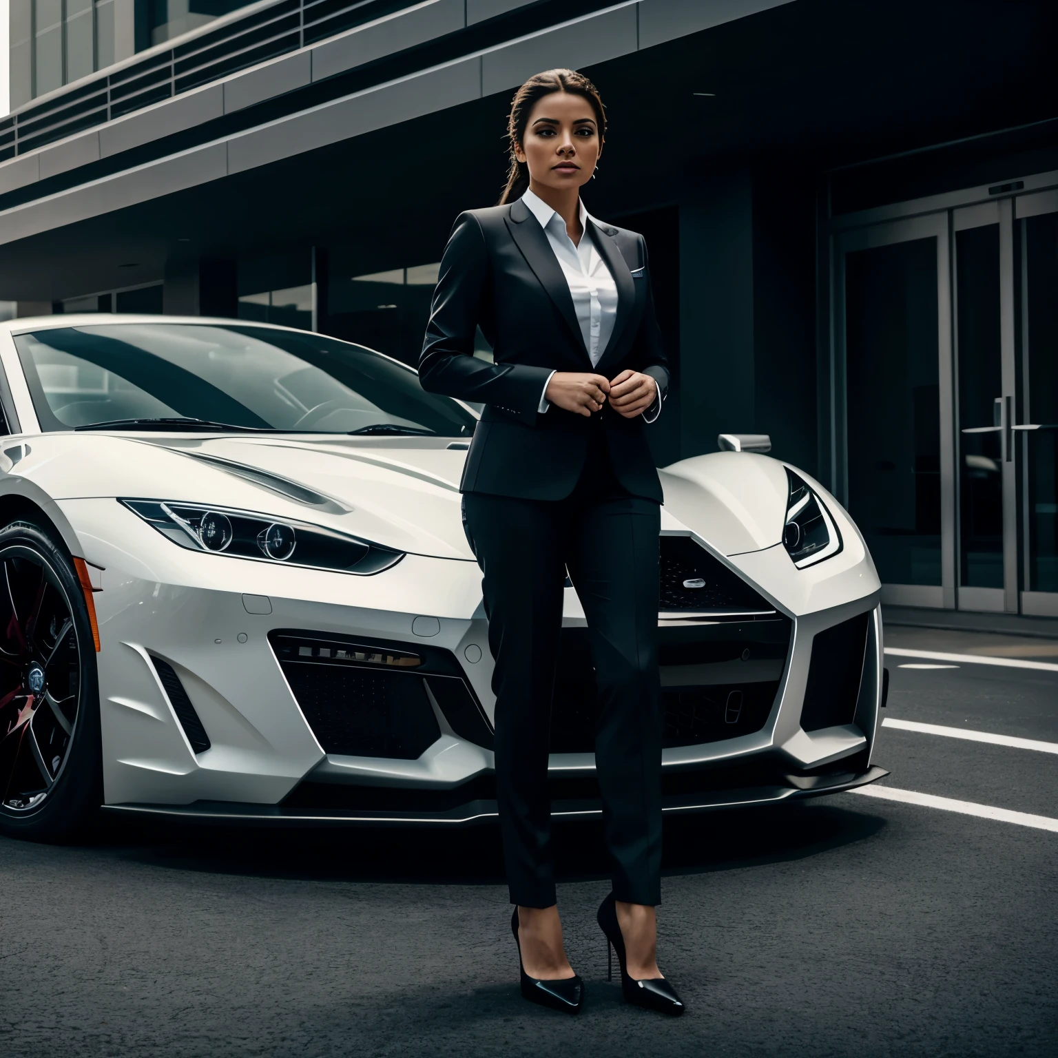 a woman in a rich business suit, standing on a man with her feet, in front of a sport car near an office building, detailed face and body, masterpiece, 8k, photorealistic, intricate details, cinematic lighting, dramatic lighting, dynamic pose, powerful expression, luxurious environment, high fashion, reflective car surface, realistic textures, dramatic shadows, vibrant colors, colorful image