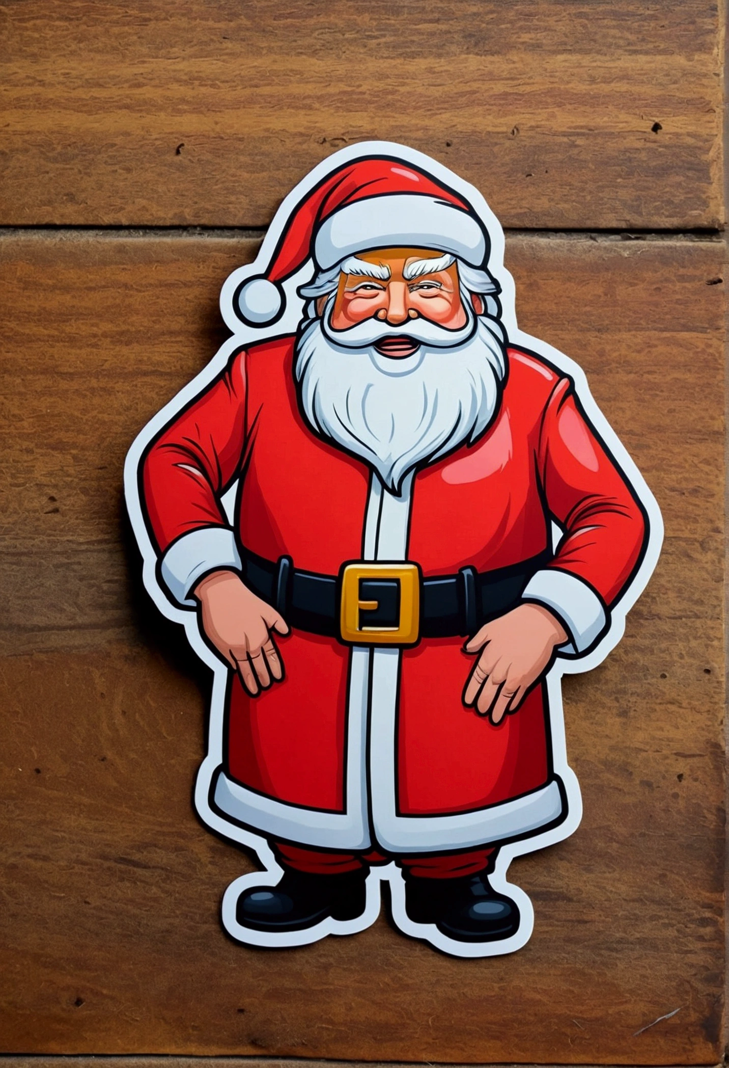 cartoon sticker of Donald Trump dressed as Santa Claus.