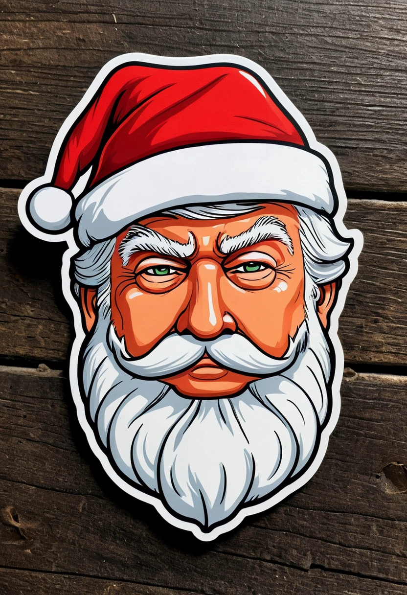 cartoon sticker of Donald Trump dressed as Santa Claus.
