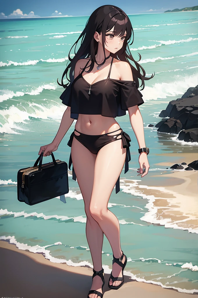A hot girl on the beach with people watching