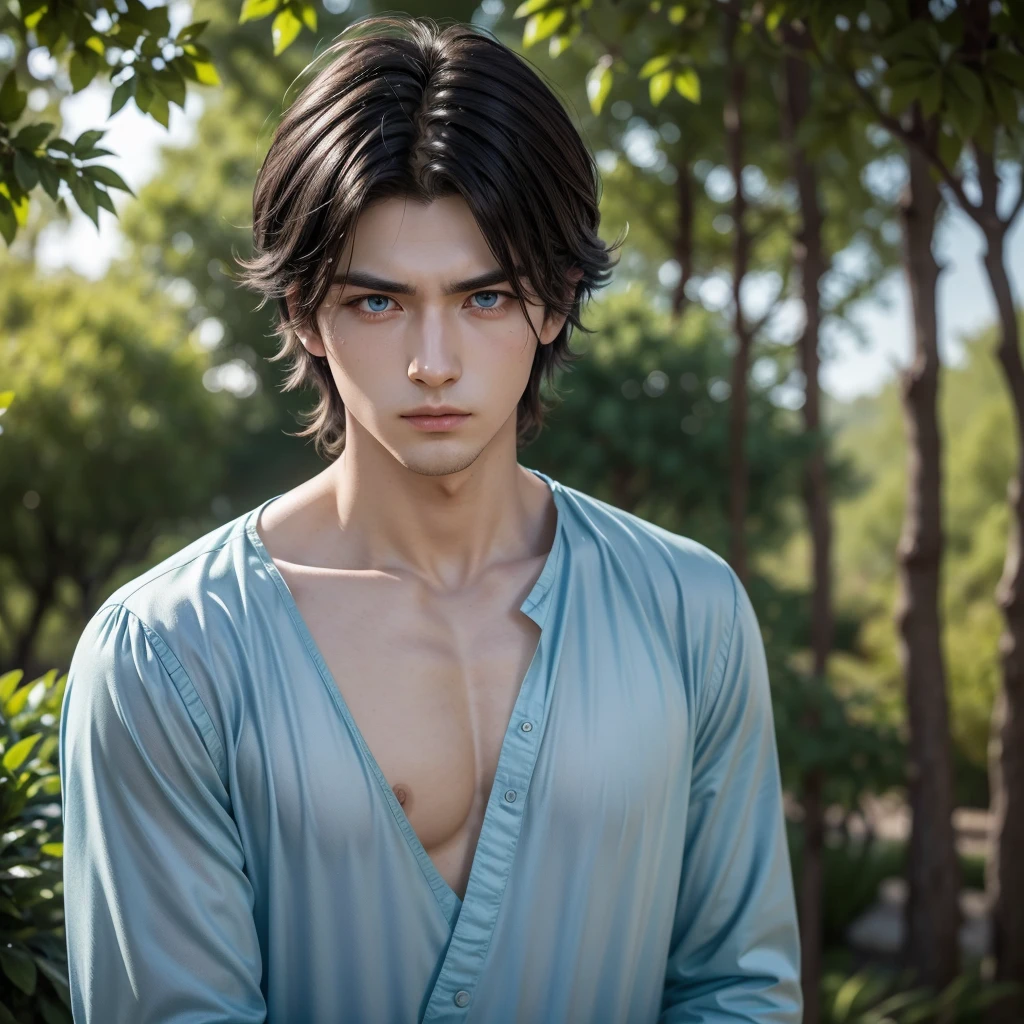 In the image you can see a male manga or manhwa style character, with disheveled and dark hair. He has large, expressive blue eyes., and a serious or worried expression on the face. He is dressed in a royal dress, but feminine style, with elegant details and ornaments that reflect noble status. The background suggests that it is outdoors, possibly in a park, since you can see trees and vegetation out of focus behind it. The lighting is soft and there appears to be an effect of light filtering through the leaves.