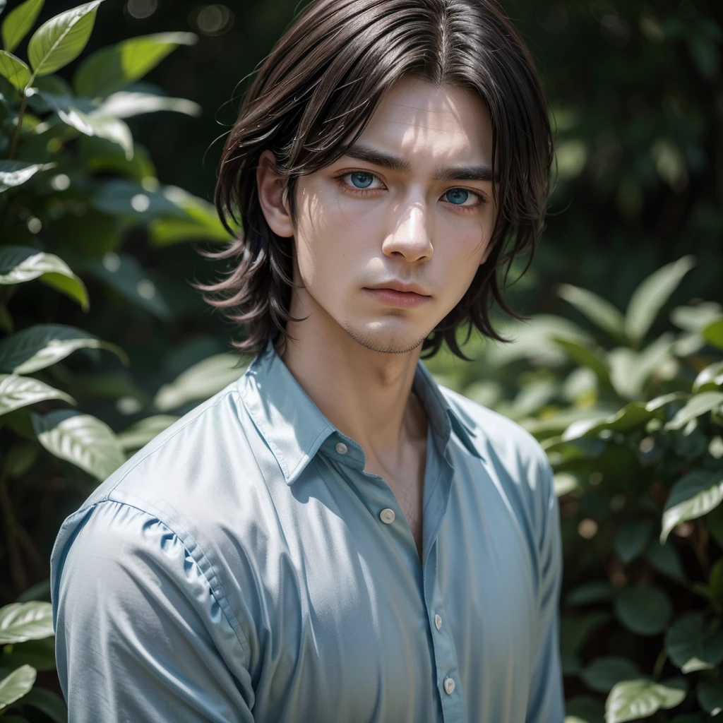 In the image you can see a male manga or manhwa style character, with disheveled and dark hair. He has large, expressive blue eyes., and a serious or worried expression on the face. He is dressed in a royal dress, but feminine style, with elegant details and ornaments that reflect noble status. The background suggests that it is outdoors, possibly in a park, since you can see trees and vegetation out of focus behind it. The lighting is soft and there appears to be an effect of light filtering through the leaves.