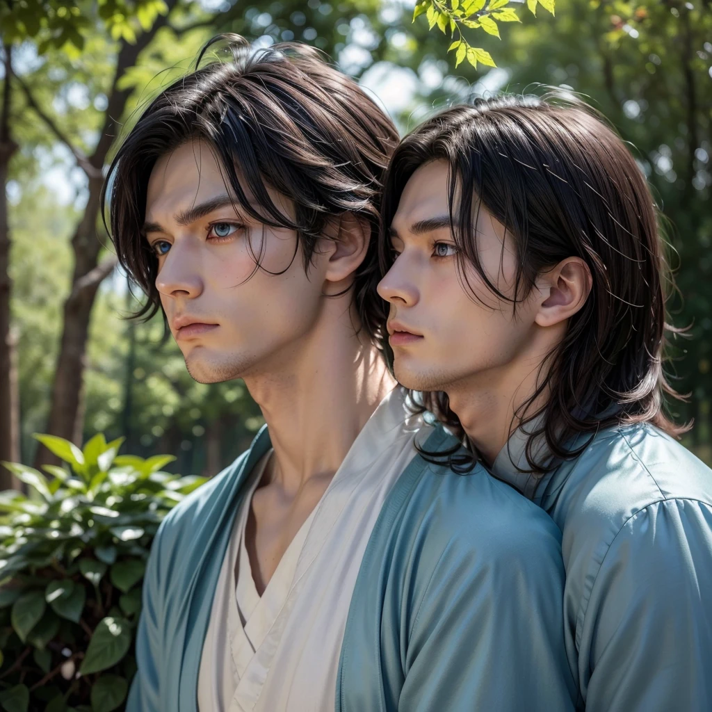 In the image you can see a male manga or manhwa style character, with disheveled and dark hair. He has large, expressive blue eyes., and a serious or worried expression on the face. He is dressed in a royal dress, but feminine style, with elegant details and ornaments that reflect noble status. The background suggests that it is outdoors, possibly in a park, since you can see trees and vegetation out of focus behind it. The lighting is soft and there appears to be an effect of light filtering through the leaves.