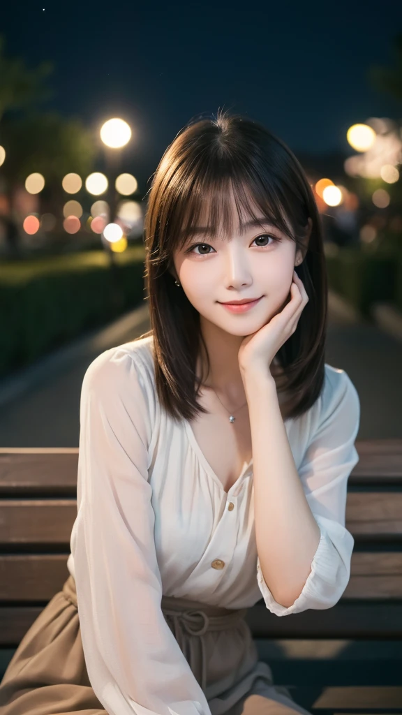 (8K、Original photo、Highest quality、masterpiece:1.2)、 years old、(Japanese)、1 female、Delicate face、Delicate eyes、Mouth details、smile、Sitting on a park bench at night、Against the background of the moon、Angle from diagonally down