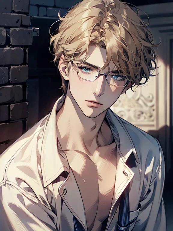 masterpiece, best quality, 1male, brunette hair, blue eyes, glasses, white shirt, mugshot, wall background, detailed eyes, detailed facial features, realistic and high resolution (best quality, 4k, 8k, highres, masterpiece:1.2)
