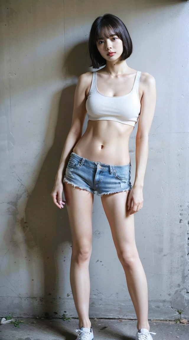 (8K、RAW Photos、Highest quality、masterpiece:1.2)、(Realistic、Photorealistic)、1 Girl、((hot pants、Tank top、Big Breasts、Viewed from the front、Stand with your feet apart、)、Lots of eyelashes、Add shine to your eyelids、skeletally correct、Sweaty body、Beautifully trimmed fingertips、smile、arms behind back, bound,