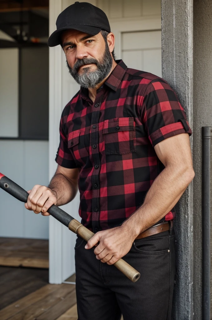  I have a greying, otherwise dark haired beard and often wear a cap and a black and red check flannelette shirt, so maybe holding a hammer and giving a thumbs up.