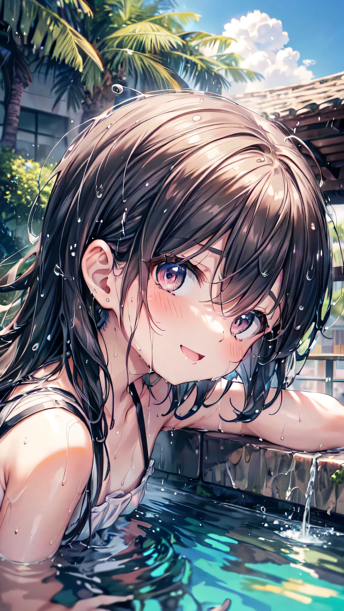 (Ultra-high resolution of the highest quality, masutepiece, Best Quality, 8K, Super Detail, Best Quality:1.3), (Anatomically correct:1.3), (1 ), (Child), (Loli), (inf, (Small body), (flat chest), (elementary school student), short black wavy hair, white camisole, playing in Park Fountain, funny smile, (wet:1.6), (sexual aroused:1.2)