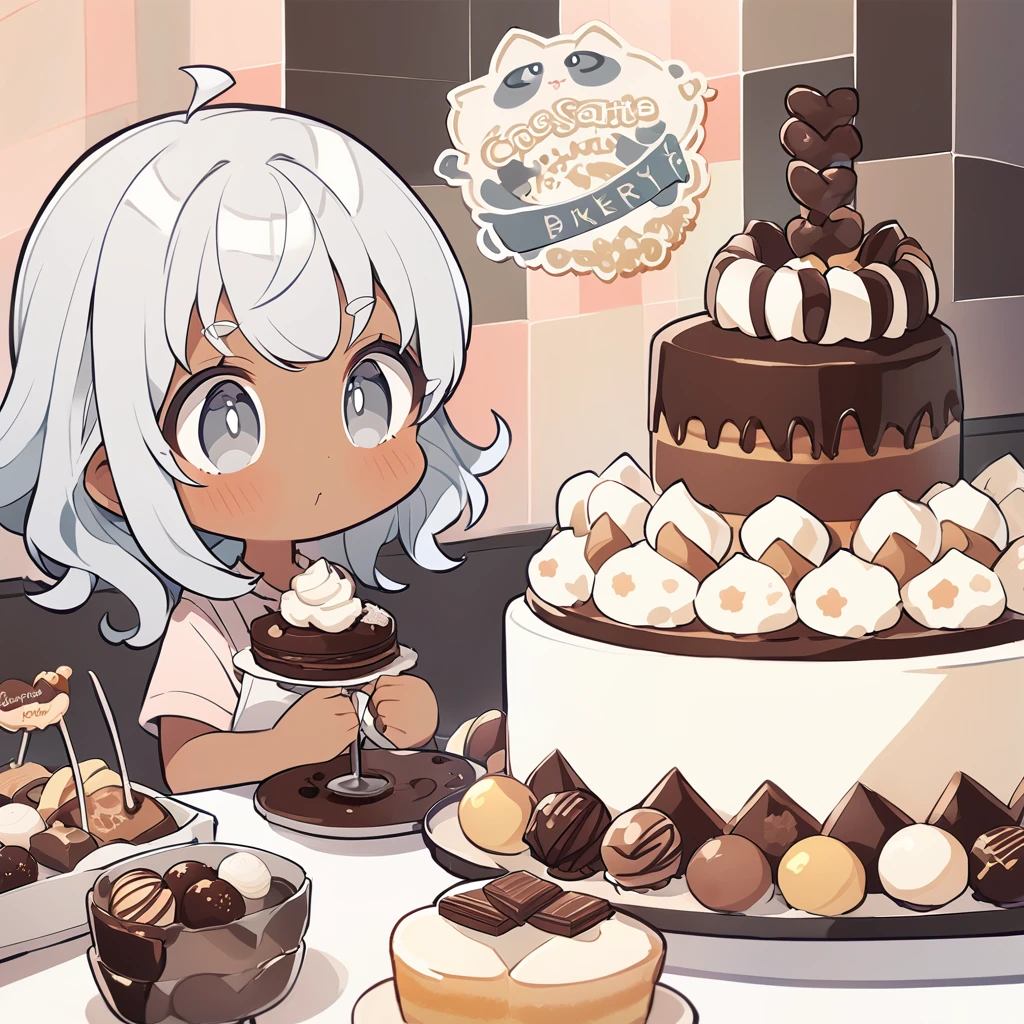 azhiichigo style,big cat eyes, Bold line, cute, One girl, Patisserie,(( Black girl, Dark skin tone,)) chocolate, baking goods, Cake pops, Pattern Background, Advanced bakery settings, cute soft colors, gray, Silver Eyes, Silver Hair,