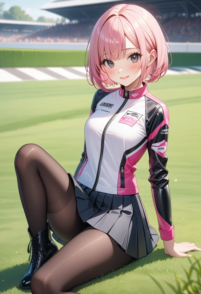 ((Racing queen)), (((Pleated Skirt))), Glossy Clothing, (Black pantyhose), (Latex high heel boots),  Skinny, Solitary, 1 female, masterpiece, best quality, best quality, 16K, Ridiculous, Very detailed, 2.5D, Artificial Intelligence Generation, delicate and dynamic, Very delicate expression, Delicate eye expression, , only Sexy woman, ((Cute and kind face)), Healthy body, ((25-year-old female)), Height 160cm, Medium to large firm swing bust, (short hair), (Pink Hair:1.5), Bob Cut, Black eyes, blush, Sweat,Awkward,Sexy, ((Thin thighs)), (Camel toe:0.8), (??????:0.9), (??????明显:0.5), ((bright)), Look directly at the audience, Smile, (permanent), Cowboy shooting, ((Arms at your sides)), Large parks, daytime, bright, on the grass,