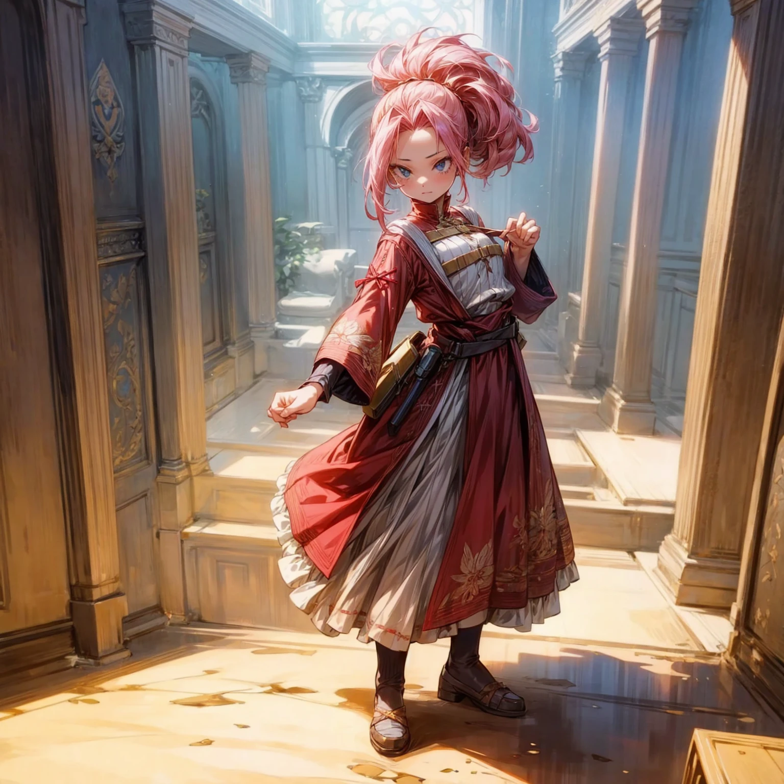 1childern girl, Full body version, 1character, blue eyes, long Curly haircut, pink colour hair, ancient roman style clothing, red colour clothing, Grassroots, background in indoor bar, motion blur, (Hunter x Hunter style), standing gesture